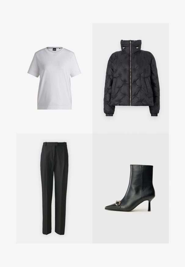 Fekete steppelt dzseki magas gallérral, cipzáros elülső résszel, elasztikus mandzsettákkal és tonális varrással készült steppelt mintázattal, oldalsó zsebekkel.; Fehér pamut póló kerek nyakkivágással, rövid ujjal és laza szabással. Kicsi márkajelzés található a gallér közelében.; Fekete, testre szabott nadrág, könnyű anyagból készült, egyenes szabású, lapos elülső résszel és övhurkokkal. Simának tűnő textúra, látható minták nélkül.; Fekete bőr bokacsizma hegyes orral, vékony közép magasságú sarokkal és ezüst csattal az oldalon, sima háttér előtt.