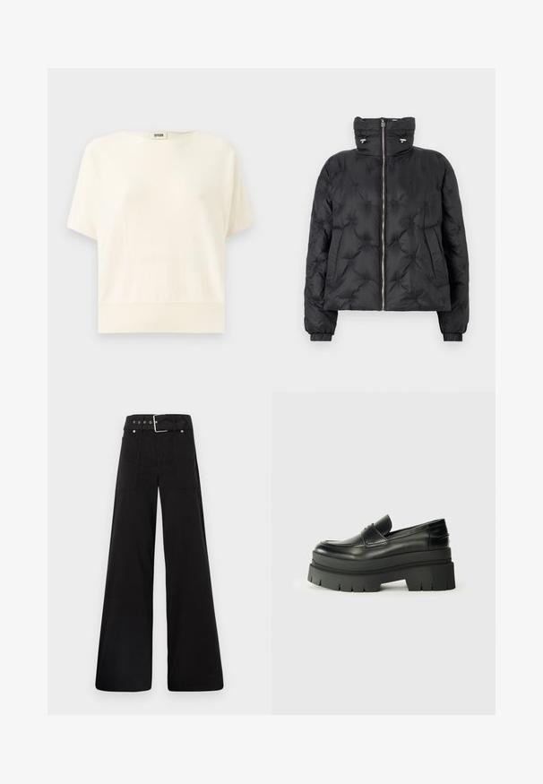 Sort pufferjakke med høj krave, lynlåslukning foran, elastiske manchetter og et quiltet design med tonal syning samt sidelommer.; Creme kortærmet top med afslappet pasform, ribbet kant og rund halsudskæring; lavet af blødt, letvægtsstof.; Sorte brede bukser lavet af bomuld, med høj talje, store sidelommer og en bæltestrop med sølvfarvede detaljer.; Sorte læder loafers med en kraftig platformsål. Rund tå, forkant-søm detalje og subtile syninger. Flad, struktureret ydersål.