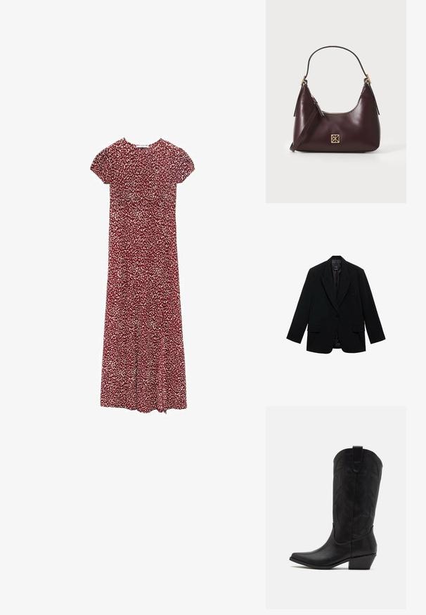 Svart kavaj tillverkad av glatt tyg, med enkel knappstängning, snedskurna slag och två framfickor.; Röd blommig klänning med korta puffärmar, med en rynkad byst och en flödande kjol, visad mot en neutral bakgrund.; Svarta lädercowboyboots med spetsig tå, låg staplad klack och intrikat präglat bladmönster på skaftet. Ögla upptill för enkel påtagning.; Burgunderfärgad läderhandväska med en böjd form, guldiga detaljer på spännena och dragkedjestängning. Utrustad med ett avtagbart axelband.