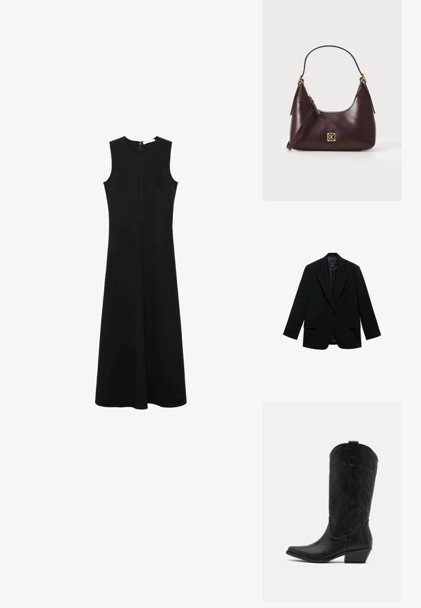 Črn blejzer iz gladkega materiala, z enim gumbom za zapiranje, z izrezanimi klopi in dvema sprednjima žepoma.; Črna brezrokavnica z okroglo izrezom, prilegajočim se zgornjim delom in širšo krilo. Ima zadnji zadrgo in gladko, lahko tkanino.; Črne usnjene kavbojske škornje s koničastim nosom, nizkim nataknutim peto in zapletenim embosiranim listnatim vzorcem na šahu. Zanko na vrhu za lažje obuvanje.; Burgundska kožna torbica s zakrivljenim oblikom, zlatnimi detajli na opremi in zadrgo. Ima odstranljiv naramni trak.