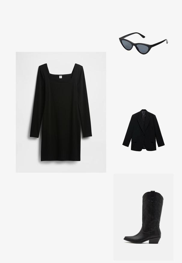 Czarny żakiet wykonany z gładkiego materiału, z pojedynczym zapięciem na guzik, klapami i dwiema przednimi kieszeniami.; Czarna sukienka z długim rękawem, o kwadratowym dekolcie, uszyta z gładkiego materiału, o prostym kroju i minimalistycznym designie, bez ozdób.; Czarne skórzane kowbojskie buty z wydłużonym noskiem, niskim, szczotkowanym obcasem oraz misternym tłoczonym wzorem liści na cholewie. Pętla u góry ułatwiająca zakładanie.; Czarne okulary przeciwsłoneczne w kształcie kocich oczu z ciemnoszarymi soczewkami, smukłym plastikowym oprawie, spiczastymi rogami i prostymi zausznikami. Brak widocznych elementów metalowych lub akcentów.; Burgundowa skórzana torebka o zaokrąglonym kształcie, z złotymi akcentami na elementach metalowych oraz zamknięciem na zamek błyskawiczny. Posiada odpinany pasek na ramię.