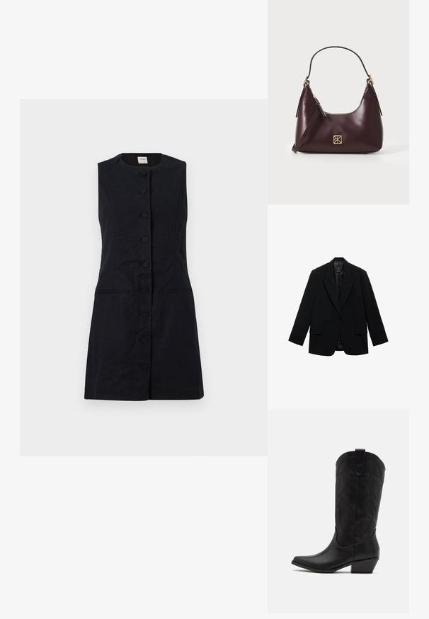 Blazer noir en tissu lisse, avec une fermeture à un bouton, des revers crantés et deux poches avant.; Robe noire sans manches en tissu texturé, présentant un col rond, des boutons à l'avant et deux poches latérales.; Botte de cowboy en cuir noir avec un bout pointu, un talon bas empilé et un motif de feuilles embossé complexe sur la tige. Boucle en haut pour un enfilage facile.; Sac à main en cuir bordeaux avec une forme incurvée, accents dorés sur la quincaillerie et une fermeture éclair. Dispose d'une bandoulière amovible.