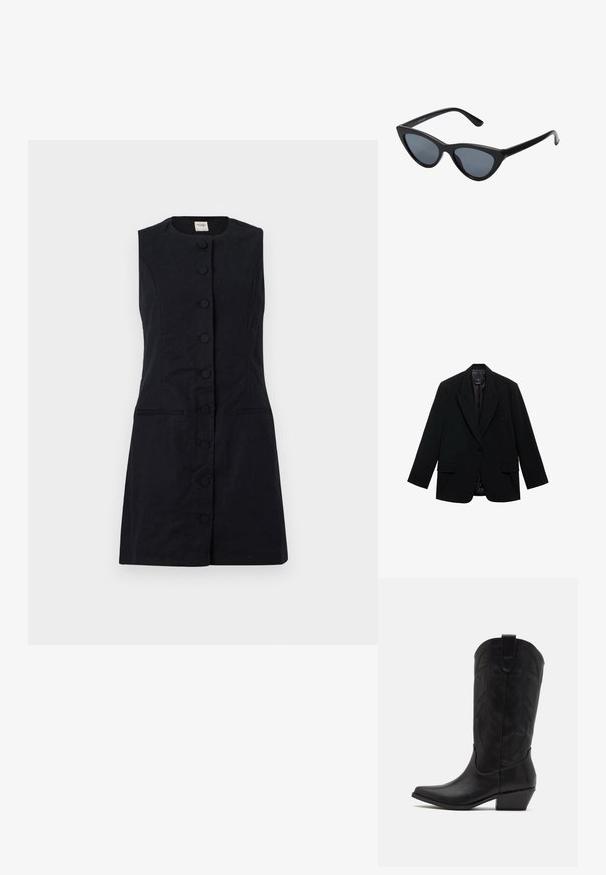 Schwarzer Blazer aus glattem Stoff, mit einer Ein-Knopf-Verschluss, Reverskragen und zwei frontalen Taschen.; Ärmelloses schwarzes Kleid aus einem strukturierten Stoff, mit runder Halspartie, vorderen Knöpfen und zwei Seitentaschen.; Schwarze Leder-Cowboystiefel mit spitzer Zehenform, niedrigem, gestapeltem Absatz und kunstvollem, geprägtem Blattmuster am Schaft. Schleife am oberen Ende für einfaches Anziehen.; Schwarze Cat-Eye-Sonnenbrille mit dunkelgrauen Gläsern, schlankem Kunststoffrahmen, spitzen Ecken und geraden Bügeln. Keine sichtbaren Befestigungen oder Akzente.; Burgunderfarbene Lederhandtasche mit geschwungener Form, goldenen Akzenten an den Beschlägen und einem Reißverschlussverschluss. Verfügt über einen abnehmbaren Schultergurt.