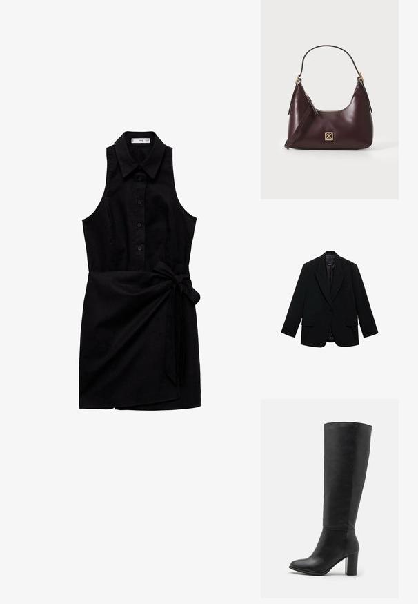 Sacou negru realizat dintr-un material neted, având o închidere cu un singur nasture, rever cu tăietură și două buzunare frontale.; Rochie neagră fără mâneci, cu guler, închidere cu butoane în față și accent cu fundiță pe lateral. Confecționată dintr-un material fin, cu o silueta ajustată.; Cizme negre până la genunchi, realizate din piele netedă, având un toc masiv și vârful rotunjit. Design minimalist, fără hardware sau decorațiuni vizibile.; Geantă de mână din piele burgundă, cu o formă curbată, accente aurii pe feronerie și închidere cu fermoar. Dispune de o curea de umăr detașabilă.