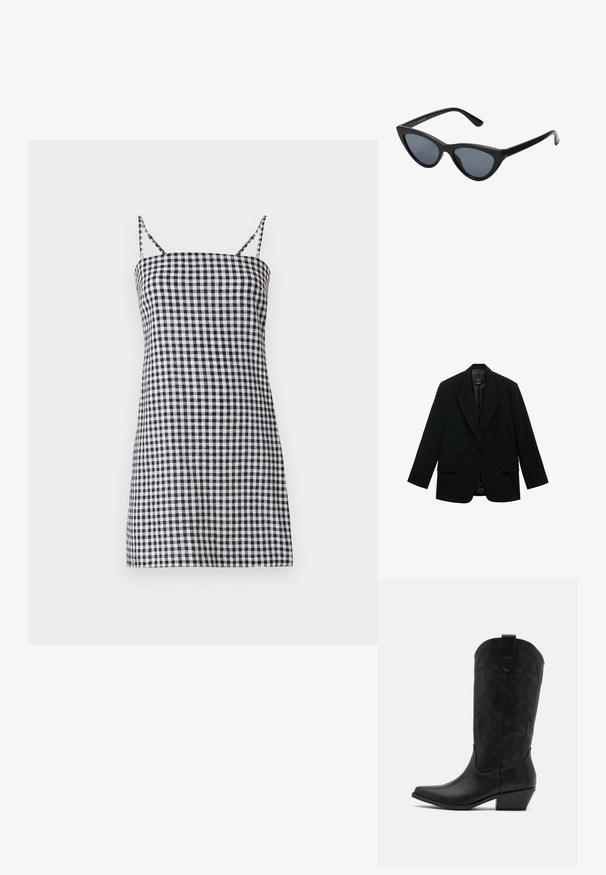 Svart kavaj tillverkad av glatt tyg, med enkel knappstängning, snedskurna slag och två framfickor.; Svart och vit rutig klänning med tunna axelremmar, rak silhuett och figurnära kropp. Bomullsmaterial med en slät textur.; Svarta lädercowboyboots med spetsig tå, låg staplad klack och intrikat präglat bladmönster på skaftet. Ögla upptill för enkel påtagning.; Svart kattögon-solglasögon med mörkgrå linser, slimmad plastbåge, spetsiga hörn och raka skalmar. Ingen synlig hårdvara eller accenter.