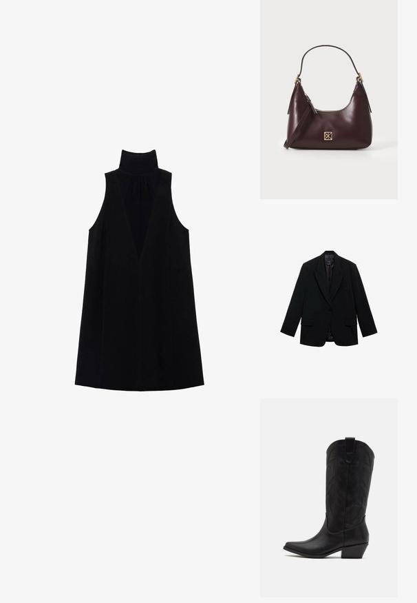 Blazer negro de tela suave, con cierre de un botón, solapas con muesca y dos bolsillos frontales.; Vestido negro sin mangas con cuello alto, escote en V pronunciado y textura suave. Diseño minimalista con una silueta fluida.; Bota de cowboy de cuero negro con puntera puntiaguda, tacón bajo y apilado, y un intrincado patrón de hojas grabado en el eje. Asa en la parte superior para facilitar el uso.; Bolso de mano de cuero burdeos con forma curva, acentos dorados en el herraje y cierre con cremallera. Incluye una correa de hombro desmontable.