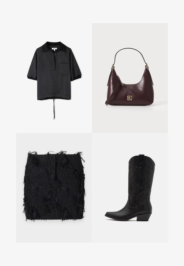 Zwarte blazer gemaakt van gladde stof, met een enkele knoopsluiting, puntige revers en twee voorkruiszakken.; Zwart polo shirt met korte mouwen en een kraag, van textuurstof, met een borstzak en een verstrakt onderpand met verstelbare koord.; Zwarte textuurrok met een gelaagde franjes ontwerp en een licht onregelmatige zoom, gemaakt van een lichte stof.; Zwarte leren cowboylaars met spitse neus, lage gestapelde hak en een ingewikkeld geïmbossieerd bladerenpatroon op de schacht. Lus aan de bovenkant voor eenvoudig aantrekken.; Bordeaux leren handtas met een gebogen vorm, gouden accenten op het beslag en een ritssluiting. Voorzien van een afneembare schouderriem.