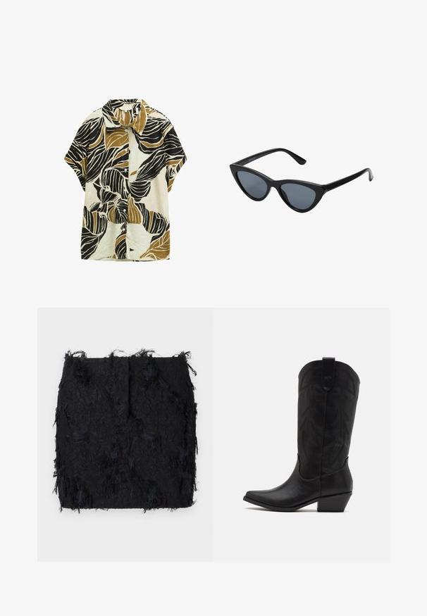 Sort blazer lavet af glat stof, med en enkelt knaplukning, notched revers og to frontlommer.; Kortærmet skjorte med krave, med en cremefarvet baggrund og store sort og olivengrønne bladmønstre, lavet af et struktureret stof.; Sort textured nederdel med et lagdelt frynse-design og en let uregelmæssig kant, lavet af et letvægtsstof.; Sort læder cowboystøvle med spids tå, lav stablet hæl og indviklet præget bladmønster på skaftet. Strop øverst for nem påtagning.; Sorte katteøje solbriller med mørkegrå linser, slankt plastisk stel, spidse hjørner og lige stænger. Ingen synlig hardware eller dekorationer.; Bordeaux læder håndtaske med en buet form, guld accenter på metaldele og en lynlås lukning. Har en aftagelig skulderrem.