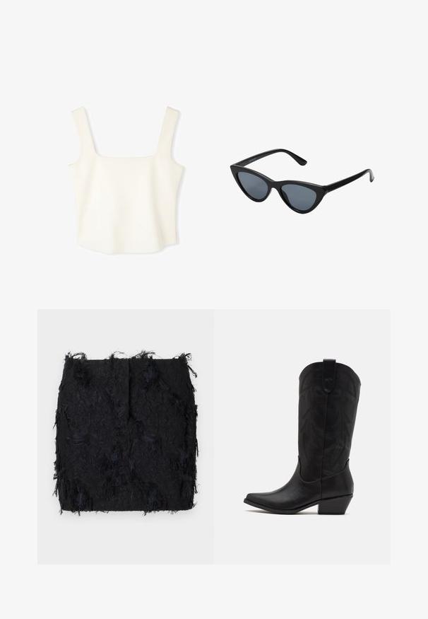 Black blazer made of smooth fabric, featuring a single button closure, notched lapels, and two front pockets.; White, fitted crop top featuring a square neckline, wide shoulder straps, and smooth, soft texture, designed in a minimalist style.; Black textured skirt featuring a layered fringe design with a slightly irregular hemline, made from a lightweight fabric.; Black leather cowboy boot with pointed toe, low stacked heel, and intricate embossed leaf pattern on the shaft. Loop at the top for easy wear.; Black cat-eye sunglasses with dark gray lenses, sleek plastic frame, pointed corners, and straight temples. No visible hardware or accents.; Burgundy leather handbag with a curved shape, gold accents on the hardware, and a zippered closure. Features a detachable shoulder strap.