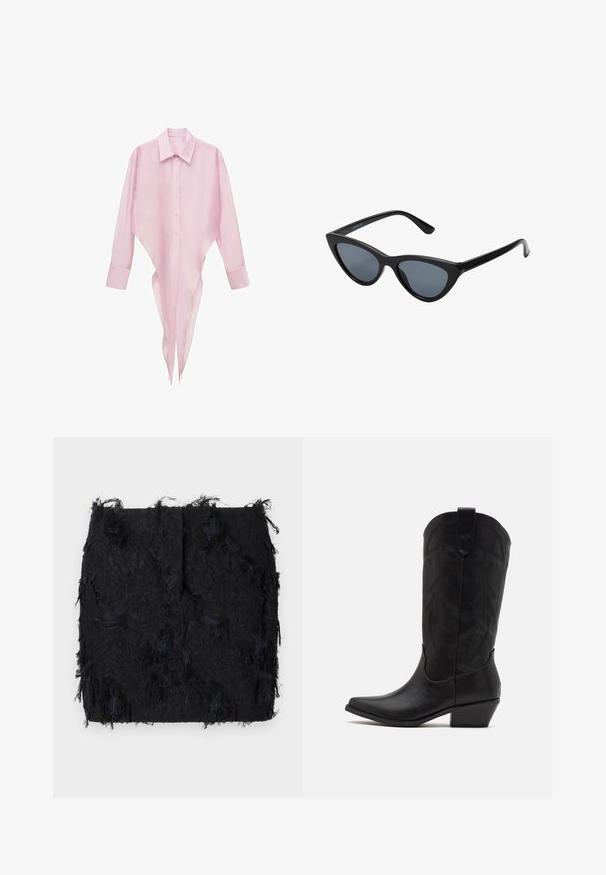 Sacou negru realizat dintr-un material neted, având o închidere cu un singur nasture, rever cu tăietură și două buzunare frontale.; Cămașă roz cu mânecă lungă, cu tiv ascuțit, deschidere cu nasturi în față și guler clasic. Material ușor, transparent, cu o textură netedă.; Fustă neagră texturată, cu un design din franjuri stratificați și o margine puțin neregulată, realizată dintr-un material ușor.; Cizmă cowboy din piele neagră, cu vârf ascuțit, toc mic și detalii complexe cu model de frunze embosat pe gleznă. Mânecă la vârf pentru o îmbrăcare ușoară.; Ochelari de soare negri de tip cat-eye cu lentile gri închis, cadru din plastic elegant, colțuri ascuțite și brațe drepte. Fără hardware sau accente vizibile.; Geantă de mână din piele burgundă, cu o formă curbată, accente aurii pe feronerie și închidere cu fermoar. Dispune de o curea de umăr detașabilă.