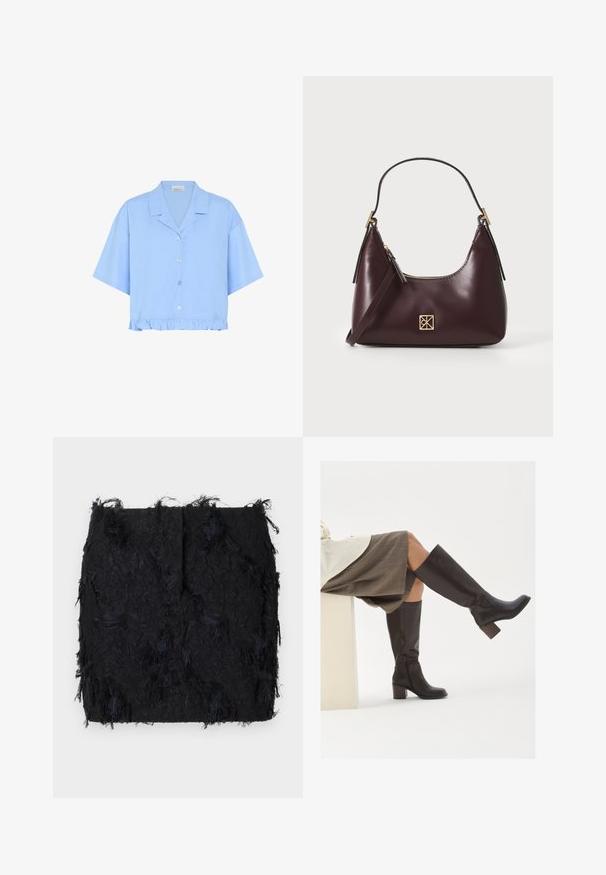 Sort blazer lavet af glat stof, med en enkelt knaplukning, notched revers og to frontlommer.; Lyseblå cropped skjorte lavet af bomuld; har korte ærmer, en krave, frontknapper og en flæse i bunden.; Sort textured nederdel med et lagdelt frynse-design og en let uregelmæssig kant, lavet af et letvægtsstof.; Brune læder støvler til knæene med firkantet tå, kraftig hæl og sidelukning. Glat tekstur med en poleret overflade.; Bordeaux læder håndtaske med en buet form, guld accenter på metaldele og en lynlås lukning. Har en aftagelig skulderrem.