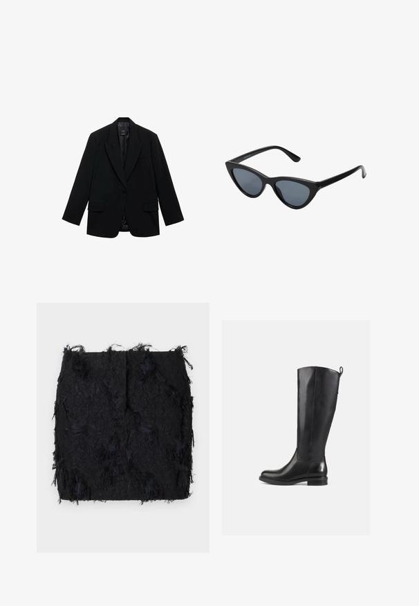 Czarny żakiet wykonany z gładkiego materiału, z pojedynczym zapięciem na guzik, klapami i dwiema przednimi kieszeniami.; Dwie bezrękawnikowe, prążkowane bluzki z golfem w kolorze brązowym i czarnym, prezentowane na jednolitym białym tle.; Czarna spódnica o teksturowej strukturze z warstwowym frędzlami i lekko nieregularnym dołem, wykonana z lekkiego materiału.; Kozaki ze skóry w kolorze czarnym sięgające do kolan, o gładkim wykończeniu, zaokrąglonym nosku, niskim obcasie i pętelce z tyłu. Minimalistyczny design bez widocznych wzorów.; Czarne okulary przeciwsłoneczne w kształcie kocich oczu z ciemnoszarymi soczewkami, smukłym plastikowym oprawie, spiczastymi rogami i prostymi zausznikami. Brak widocznych elementów metalowych lub akcentów.; Burgundowa skórzana torebka o zaokrąglonym kształcie, z złotymi akcentami na elementach metalowych oraz zamknięciem na zamek błyskawiczny. Posiada odpinany pasek na ramię.