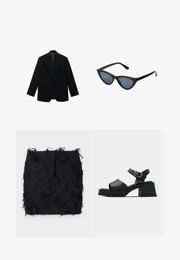 Svart kavaj tillverkad av glatt tyg, med enkel knappstängning, snedskurna slag och två framfickor.; Två ärmlösa ribbade polotröjor i brunt och svart, presenterade mot en enfärgad vit bakgrund.; Svart texturerad kjol med ett lager av fransar och en något oregelbunden nederkant, tillverkad av ett lättviktigt tyg.; Svarta lädersandaler med plattform, öppen tå-design, ankelrem och en kraftig fyrkantig klack. Slät textur och minimalistisk stil.; Svart kattögon-solglasögon med mörkgrå linser, slimmad plastbåge, spetsiga hörn och raka skalmar. Ingen synlig hårdvara eller accenter.; Burgunderfärgad läderhandväska med en böjd form, guldiga detaljer på spännena och dragkedjestängning. Utrustad med ett avtagbart axelband.