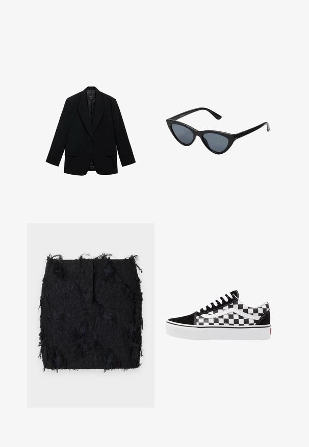 Sort blazer lavet af glat stof, med en enkelt knaplukning, notched revers og to frontlommer.; To sleeveless ribbede turtleneck toppe i brun og sort, vist på en ensfarvet hvid baggrund.; Sort textured nederdel med et lagdelt frynse-design og en let uregelmæssig kant, lavet af et letvægtsstof.; Sorte og hvide ternede lærredsnickers med sorte ruskindsdetaljer, hvide snørebånd og gummisål. Logoet på siden har et kontrastdesign.; Sorte katteøje solbriller med mørkegrå linser, slankt plastisk stel, spidse hjørner og lige stænger. Ingen synlig hardware eller dekorationer.; Bordeaux læder håndtaske med en buet form, guld accenter på metaldele og en lynlås lukning. Har en aftagelig skulderrem.