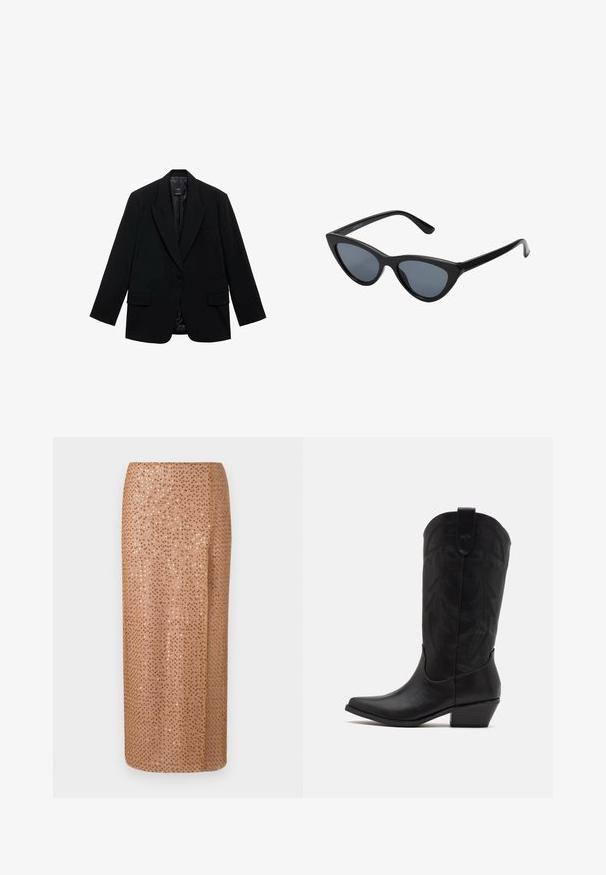 Czarny żakiet wykonany z gładkiego materiału, z pojedynczym zapięciem na guzik, klapami i dwiema przednimi kieszeniami.; Dwie bezrękawnikowe, prążkowane bluzki z golfem w kolorze brązowym i czarnym, prezentowane na jednolitym białym tle.; Beaded midi spódnica w jasnym beżu z cekinowym wzorem, charakteryzująca się prostą sylwetką i bocznym rozcięciem dla podkreślenia detali i ruchu.; Czarne skórzane kowbojskie buty z wydłużonym noskiem, niskim, szczotkowanym obcasem oraz misternym tłoczonym wzorem liści na cholewie. Pętla u góry ułatwiająca zakładanie.; Czarne okulary przeciwsłoneczne w kształcie kocich oczu z ciemnoszarymi soczewkami, smukłym plastikowym oprawie, spiczastymi rogami i prostymi zausznikami. Brak widocznych elementów metalowych lub akcentów.; Burgundowa skórzana torebka o zaokrąglonym kształcie, z złotymi akcentami na elementach metalowych oraz zamknięciem na zamek błyskawiczny. Posiada odpinany pasek na ramię.