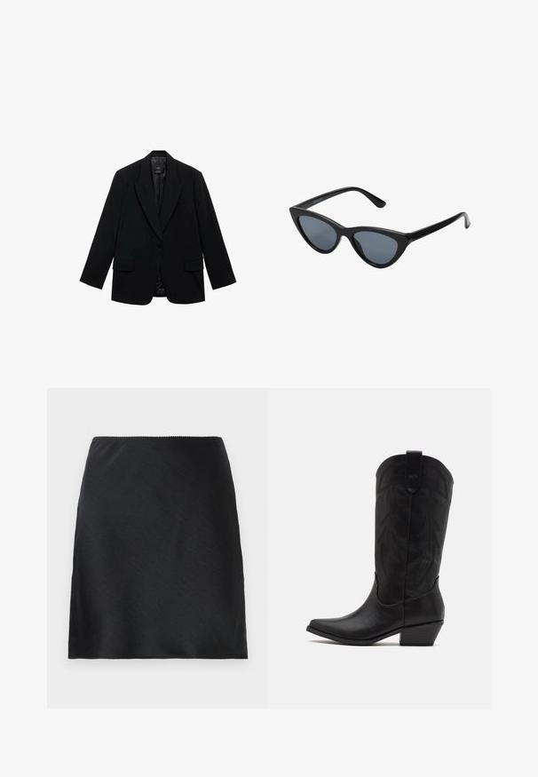 Černý blejzr vyrobený z hladké látky, s jedním knoflíkem, ušima na flíčku a dvěma předními kapsami.; Dvě bezrukávové žebrované roláky v hnědé a černé barvě, vystavené na bílém pozadí.; Černá saténová mini sukně s hladkou texturou a rovním lemem, prezentována na prostém bílém pozadí.; Černá kožená cowboyská bota s špičatou špičkou, nízkým hromadným podpatkem a složitým embosovaným listovým vzorem na holeni. Očko nahoře pro snadné obouvání.; Černé sluneční brýle ve stylu "cat-eye" s tmavě šedými skly, elegantním plastovým rámečkem, špičatými rohy a rovnými stranami. Bez viditelného kování nebo ozdob.; Burgundské kožené kabelka s zakřiveným tvarem, zlaté detaily na kovových prvcích a zipovým uzávěrem. Obsahuje odnímatelný ramenní popruh.
