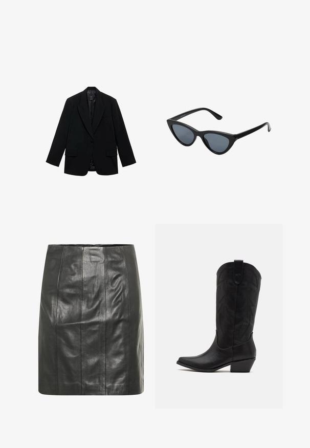 Sacou negru realizat dintr-un material neted, având o închidere cu un singur nasture, rever cu tăietură și două buzunare frontale.; Două bluze fără mâneci, din tricot cu guler înalt, în nuanțe de maron și negru, expuse pe un fundal alb simplu.; Fustă din piele neagră cu o siluetă ajustată, având cusături verticale pentru un plus de textură și un finisaj neted.; Cizmă cowboy din piele neagră, cu vârf ascuțit, toc mic și detalii complexe cu model de frunze embosat pe gleznă. Mânecă la vârf pentru o îmbrăcare ușoară.; Ochelari de soare negri de tip cat-eye cu lentile gri închis, cadru din plastic elegant, colțuri ascuțite și brațe drepte. Fără hardware sau accente vizibile.; Geantă de mână din piele burgundă, cu o formă curbată, accente aurii pe feronerie și închidere cu fermoar. Dispune de o curea de umăr detașabilă.