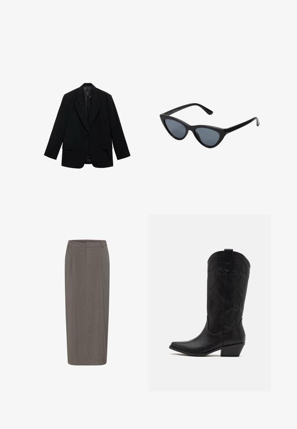 Črn blejzer iz gladkega materiala, z enim gumbom za zapiranje, z izrezanimi klopi in dvema sprednjima žepoma.; Dve brezrokavne rebraste majice s turtleneck ovratnikom v rjavi in črni barvi, prikazane na enotni beli podlagi.; Siva svila krilna s čisto silhueto, ki ima sprednje naborke, pas in gladko teksturo. Brez vidnih zapiral in žepov.; Črne usnjene kavbojske škornje s koničastim nosom, nizkim nataknutim peto in zapletenim embosiranim listnatim vzorcem na šahu. Zanko na vrhu za lažje obuvanje.; Črne mačje oči sončna očala z temno sivo lečo, elegantnim plastičnim okvirjem, ostrimi koti in ravnimi vseski. Brez vidnih kovinskih delov ali okrasitev.; Burgundska kožna torbica s zakrivljenim oblikom, zlatnimi detajli na opremi in zadrgo. Ima odstranljiv naramni trak.