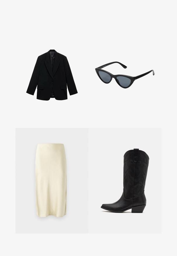 Čierny blejzer vyrobený z hladkej tkaniny, so zapínaním na jeden gombík, so zárezovými klopami a dvoma prednými vreckami.; Dve bezrukávové rebrované rolákové topy v hnedej a čiernej farbe, zobrazené na plain bielom pozadí.; Saténová midi sukňa v svetložltej farbe s hladkou textúrou, s bočným rozparkom a rovnými strihom. Jednoduchá a elegantná silueta.; Čierne kožené kovbojské čižmy s špicatou špičkou, nízkym stohovaným podpätkom a zložitým embosovaným vzorom listov na holeni. Očko na vrchu pre jednoduché obúvanie.; Čierne slnečné okuliare v štýle mačacích očí s tmavošedými sklami, elegantným plastovým rámom, špicatými rohmi a rovnými stranami. Bez viditeľného hardvéru alebo akcentov.; Bordový kožený kabelka s zakriveným tvarom, zlaté akcenty na hardvéri a zipsovým uzáverom. Obsahuje odnímateľný ramenný popruh.