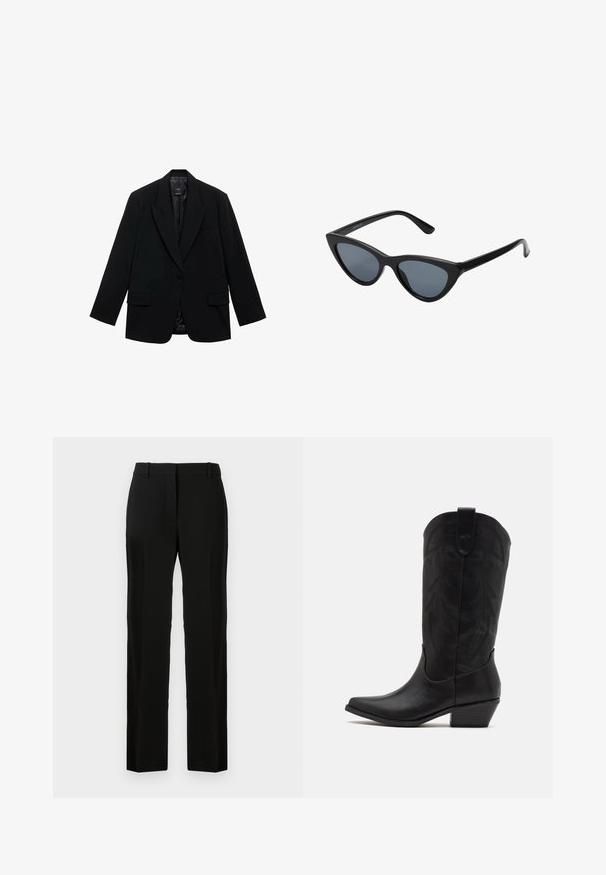 Blazer noir en tissu lisse, avec une fermeture à un bouton, des revers crantés et deux poches avant.; Deux tops à col roulé sans manches en marron et noir, présentés sur un fond blanc uni.; Pantalon noir au design droit, fabriqué en tissu lisse, avec une taille plate, des passants de ceinture, et sans motifs ni accents visibles.; Botte de cowboy en cuir noir avec un bout pointu, un talon bas empilé et un motif de feuilles embossé complexe sur la tige. Boucle en haut pour un enfilage facile.; Lunettes de soleil noires en forme d'œil de chat avec des verres gris foncé, monture en plastique élégante, coins pointus et branches droites. Pas de métal visible ni d'accents.; Sac à main en cuir bordeaux avec une forme incurvée, accents dorés sur la quincaillerie et une fermeture éclair. Dispose d'une bandoulière amovible.