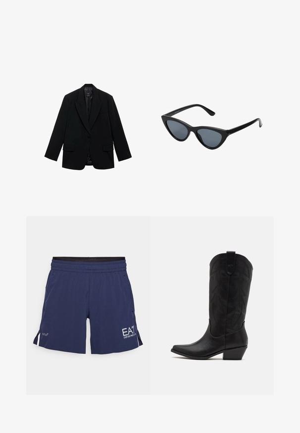Blazer negro de tela suave, con cierre de un botón, solapas con muesca y dos bolsillos frontales.; Dos tops sin mangas de canalé y cuello alto en marrón y negro, exhibidos sobre un fondo blanco liso.; Pantalones cortos deportivos azul marino con cintura elástica, bolsillos laterales y detalles en blanco. Hechos de un material ligero y transpirable.; Bota de cowboy de cuero negro con puntera puntiaguda, tacón bajo y apilado, y un intrincado patrón de hojas grabado en el eje. Asa en la parte superior para facilitar el uso.; Gafas de sol negras en forma de ojo de gato con lentes gris oscuro, marco de plástico elegante, esquinas puntiagudas y patillas rectas. Sin herrajes ni acentos visibles.; Bolso de mano de cuero burdeos con forma curva, acentos dorados en el herraje y cierre con cremallera. Incluye una correa de hombro desmontable.