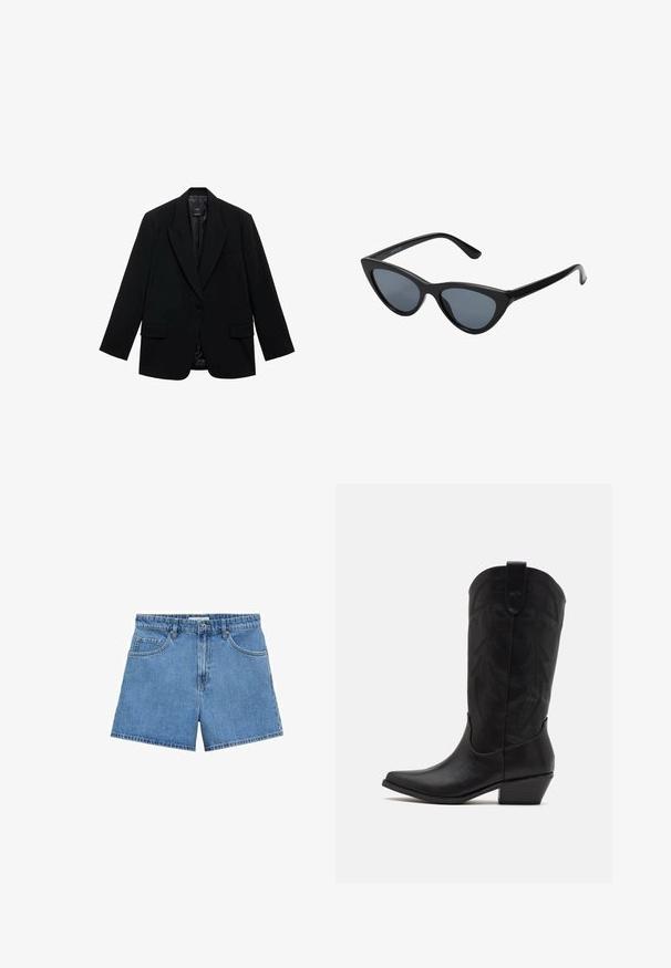 Blazer nero realizzato in tessuto morbido, con chiusura a un bottone, rever a punta e due tasche frontali.; Due top senza maniche a coste, uno marrone e uno nero, esposti su uno sfondo bianco semplice.; Shorts in denim azzurro chiaro con vita alta, design a cinque tasche e chiusura con bottoni. Taglio dritto con orlo pulito.; Stivale da cowboy in pelle nera con punta affusolata, tacco basso impilato e intricato motivo a foglia stampato sul gambale. Anello nella parte superiore per una facile indossabilità.; Occhiali da sole cat-eye neri con lenti grigie scure, montatura in plastica elegante, angoli appuntiti e tempie dritte. Nessuna ferramenta o accenti visibili.; Borse in pelle borgogna con forma curva, dettagli in oro sull'hardware e chiusura con cerniera. Presenta una tracolla staccabile.