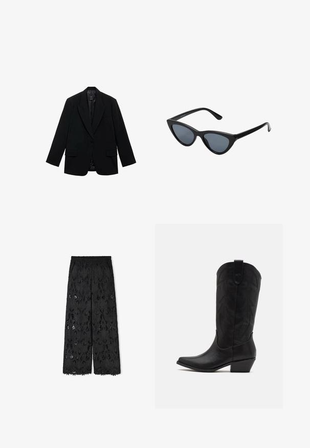 Schwarzer Blazer aus glattem Stoff, mit einer Ein-Knopf-Verschluss, Reverskragen und zwei frontalen Taschen.; Zwei ärmellose, gerippte Rollkragenoberteile in Braun und Schwarz, auf einem schlichten weißen Hintergrund präsentiert.; Schwarze weit geschnittene Hose aus Spitze mit floralem Muster. Verfügt über einen elastischen Taillenbund und einen gewellten Saum. Halbtransparente Textur.; Schwarze Leder-Cowboystiefel mit spitzer Zehenform, niedrigem, gestapeltem Absatz und kunstvollem, geprägtem Blattmuster am Schaft. Schleife am oberen Ende für einfaches Anziehen.; Schwarze Cat-Eye-Sonnenbrille mit dunkelgrauen Gläsern, schlankem Kunststoffrahmen, spitzen Ecken und geraden Bügeln. Keine sichtbaren Befestigungen oder Akzente.; Burgunderfarbene Lederhandtasche mit geschwungener Form, goldenen Akzenten an den Beschlägen und einem Reißverschlussverschluss. Verfügt über einen abnehmbaren Schultergurt.