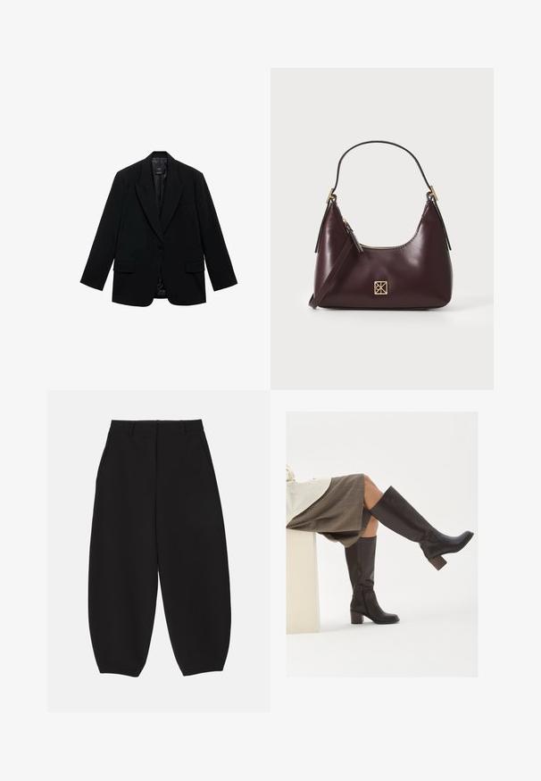 Blazer noir en tissu lisse, avec une fermeture à un bouton, des revers crantés et deux poches avant.; Deux tops à col roulé sans manches en marron et noir, présentés sur un fond blanc uni.; Pantalons larges noirs en tissu lisse avec une coupe ajustée, dotés de poches avant et d'une taille plate avec passants de ceinture.; Bottes en cuir marron, montantes jusqu'au genou, avec un bout carré, un talon épais et une fermeture éclair latérale. Texture lisse avec une finition polie.; Sac à main en cuir bordeaux avec une forme incurvée, accents dorés sur la quincaillerie et une fermeture éclair. Dispose d'une bandoulière amovible.