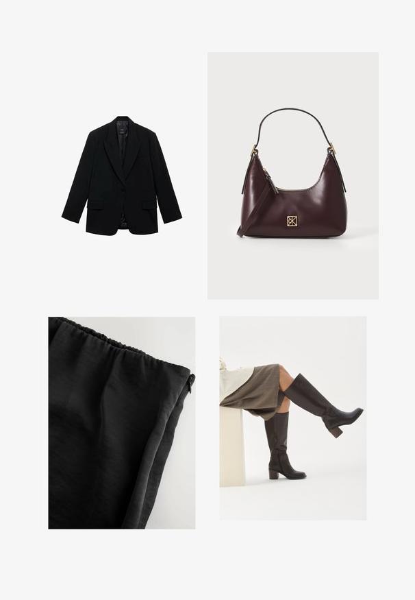 Blazer nero realizzato in tessuto morbido, con chiusura a un bottone, rever a punta e due tasche frontali.; Pullover beige lavorato a maglia con colletto a polo, dotato di una patta con bottoni neri e polsini e orlo a coste. Tessuto morbido.; Tessuto nero con una superficie liscia, cintura elastica arricciata e chiusura laterale con zip. Presenta un design leggero e una forma morbida.; Stivali marroni in pelle alti fino al ginocchio, con punta quadrata, tacco spesso e zip laterale. Texture liscia con finitura lucida.; Borse in pelle borgogna con forma curva, dettagli in oro sull'hardware e chiusura con cerniera. Presenta una tracolla staccabile.