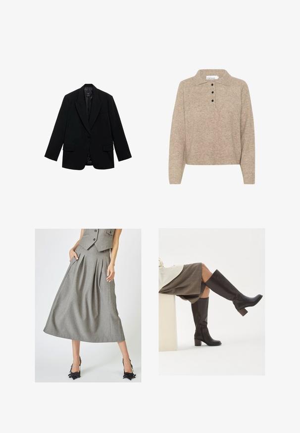 Blazer negro de tela suave, con cierre de un botón, solapas con muesca y dos bolsillos frontales.; Suéter de punto beige con cuello polo, que presenta una tapeta de botones con botones negros y puños y dobladillo acanalados. Textura suave.; Falda gris plisada hecha de tela texturizada, con bolsillos laterales y forma de A, combinada con zapatos de tacón negros.; Botas de cuero marrón hasta la rodilla con puntera cuadrada, tacón grueso y cremallera lateral. Textura suave con un acabado pulido.