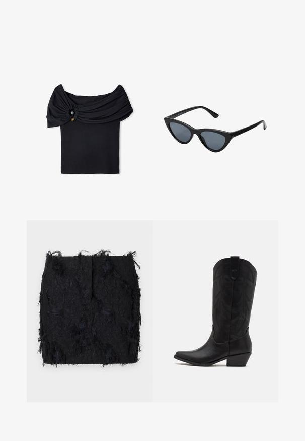 Zwarte blazer gemaakt van gladde stof, met een enkele knoopsluiting, puntige revers en twee voorkruiszakken.; Zwarte off-shoulder top van textuurstof, met een geplooide sectie en decoratieve knoopdetails. Soepel, stevig ontwerp.; Zwarte textuurrok met een gelaagde franjes ontwerp en een licht onregelmatige zoom, gemaakt van een lichte stof.; Zwarte leren cowboylaars met spitse neus, lage gestapelde hak en een ingewikkeld geïmbossieerd bladerenpatroon op de schacht. Lus aan de bovenkant voor eenvoudig aantrekken.; Zwarte cat-eye zonnebril met donkergrijze lenzen, slank plastic frame, puntige hoeken en rechte pootjes. Geen zichtbare hardware of accenten.; Bordeaux leren handtas met een gebogen vorm, gouden accenten op het beslag en een ritssluiting. Voorzien van een afneembare schouderriem.