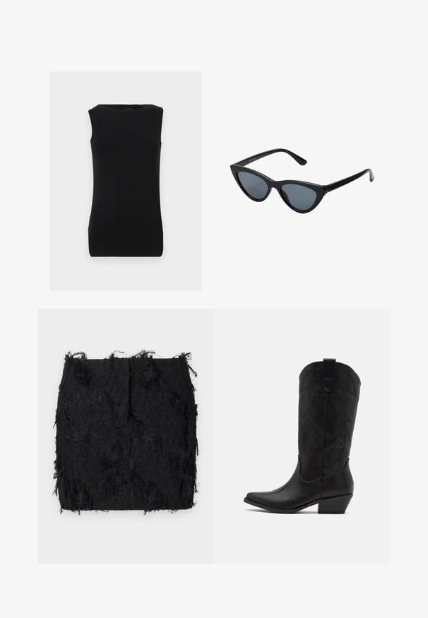 Blazer nero realizzato in tessuto morbido, con chiusura a un bottone, rever a punta e due tasche frontali.; Top nero senza maniche realizzato in morbido tessuto, con colletto rotondo e design aderente con una finitura liscia. Nessun motivo o accento visibile.; Gonna nera con texture, caratterizzata da un design a frange sovrapposte e un orlo leggermente irregolare, realizzata in un tessuto leggero.; Stivale da cowboy in pelle nera con punta affusolata, tacco basso impilato e intricato motivo a foglia stampato sul gambale. Anello nella parte superiore per una facile indossabilità.; Occhiali da sole cat-eye neri con lenti grigie scure, montatura in plastica elegante, angoli appuntiti e tempie dritte. Nessuna ferramenta o accenti visibili.