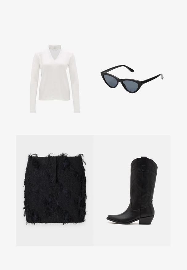 Schwarzer Blazer aus glattem Stoff, mit einer Ein-Knopf-Verschluss, Reverskragen und zwei frontalen Taschen.; Weißes, langärmliges V-Ausschnitt-Oberteil aus einem strukturierten Stoff. Einfaches Design, leicht und aus einem leicht dehnbaren Material mit lockerer Passform.; Schwarzer Textrock mit einer geschichteten Fransen-Optik und einem leicht unregelmäßigen Saum, gefertigt aus einem leichten Stoff.; Schwarze Leder-Cowboystiefel mit spitzer Zehenform, niedrigem, gestapeltem Absatz und kunstvollem, geprägtem Blattmuster am Schaft. Schleife am oberen Ende für einfaches Anziehen.; Schwarze Cat-Eye-Sonnenbrille mit dunkelgrauen Gläsern, schlankem Kunststoffrahmen, spitzen Ecken und geraden Bügeln. Keine sichtbaren Befestigungen oder Akzente.; Burgunderfarbene Lederhandtasche mit geschwungener Form, goldenen Akzenten an den Beschlägen und einem Reißverschlussverschluss. Verfügt über einen abnehmbaren Schultergurt.