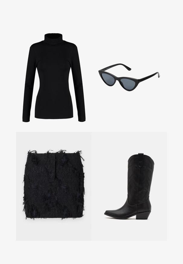 Zwarte blazer gemaakt van gladde stof, met een enkele knoopsluiting, puntige revers en twee voorkruiszakken.; Zwarte lange mouwen coltrui gemaakt van zacht, rekbaar materiaal met een getailleerde pasvorm en hoge kraag. Geen patronen of versieringen.; Zwarte textuurrok met een gelaagde franjes ontwerp en een licht onregelmatige zoom, gemaakt van een lichte stof.; Zwarte leren cowboylaars met spitse neus, lage gestapelde hak en een ingewikkeld geïmbossieerd bladerenpatroon op de schacht. Lus aan de bovenkant voor eenvoudig aantrekken.; Zwarte cat-eye zonnebril met donkergrijze lenzen, slank plastic frame, puntige hoeken en rechte pootjes. Geen zichtbare hardware of accenten.; Bordeaux leren handtas met een gebogen vorm, gouden accenten op het beslag en een ritssluiting. Voorzien van een afneembare schouderriem.