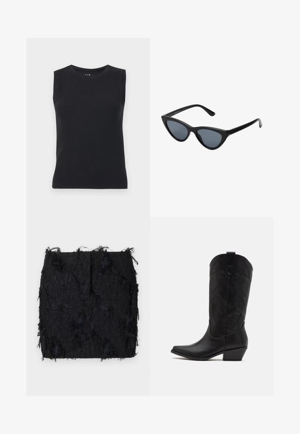 Zwarte blazer gemaakt van gladde stof, met een enkele knoopsluiting, puntige revers en twee voorkruiszakken.; Zwarte, mouwloze top van ribmateriaal. Heeft een ronde hals en een aansluitende pasvorm met schone randen en geen zichtbare patronen.; Zwarte textuurrok met een gelaagde franjes ontwerp en een licht onregelmatige zoom, gemaakt van een lichte stof.; Zwarte leren cowboylaars met spitse neus, lage gestapelde hak en een ingewikkeld geïmbossieerd bladerenpatroon op de schacht. Lus aan de bovenkant voor eenvoudig aantrekken.; Zwarte cat-eye zonnebril met donkergrijze lenzen, slank plastic frame, puntige hoeken en rechte pootjes. Geen zichtbare hardware of accenten.; Bordeaux leren handtas met een gebogen vorm, gouden accenten op het beslag en een ritssluiting. Voorzien van een afneembare schouderriem.