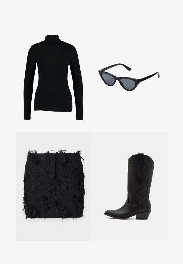 Černý blejzr vyrobený z hladké látky, s jedním knoflíkem, ušima na flíčku a dvěma předními kapsami.; Černý dlouhý rukáv rolák z hladkého materiálu, se štíhlým střihem a vysokým límcem, vhodný na vrstvení nebo jako samostatný kousek.; Černá texturovaná sukně s vrstveným třásňovým designem a mírně nepravidelným lemováním, vyrobená z lehkého materiálu.; Černá kožená cowboyská bota s špičatou špičkou, nízkým hromadným podpatkem a složitým embosovaným listovým vzorem na holeni. Očko nahoře pro snadné obouvání.; Černé sluneční brýle ve stylu "cat-eye" s tmavě šedými skly, elegantním plastovým rámečkem, špičatými rohy a rovnými stranami. Bez viditelného kování nebo ozdob.; Burgundské kožené kabelka s zakřiveným tvarem, zlaté detaily na kovových prvcích a zipovým uzávěrem. Obsahuje odnímatelný ramenní popruh.