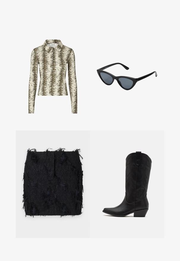 Mustapha pusero valmistettu sileästä kankaasta, jossa on yksittäinen nappisulku, muotoleikatut kaulukset ja kaksi etutaskua.; Pitkähihainen polo-paita beigen värissä, jossa on ruskea abstrakti kuvio, kaulus, kolme nappia ja ribbitekstuuri.; Mustat tekstuuriset hame, jossa on kerroksellinen franskimuotoilu ja hieman epäsymmetrinen helma, valmistettu kevyestä kankaasta.; Musta nahkakengät cowboy-tyyliin, joissa on terävä kärki, matala pinottu korko ja monimutkainen kohokuvioitu lehtimäinen kuvio varressa. Ylhäällä on silmäkumi helppoa pukemista varten.; Mustat kissaeye-aurinkolasit tumman harmailla linsseillä, tyylikäs muovikehys, terävät kulmat ja suorat templet. Ei näkyvää metalliosia tai koristuksia.; Burgundy nahkakäsilaukku, jossa on kaareva muoto, kultaiset yksityiskohdat metalliosissa ja vetoketjukuclosure. Varustettu irrotettavalla olkahihnalla.