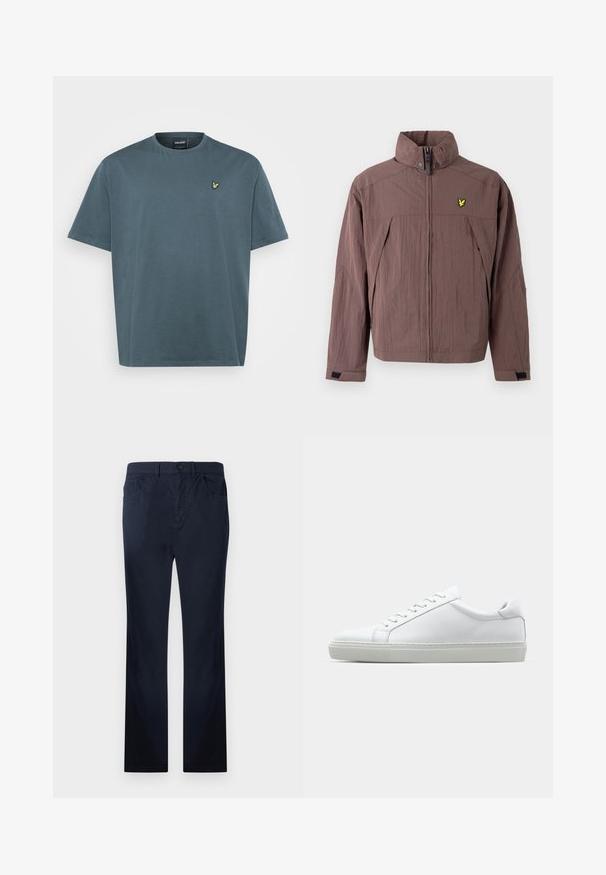 Smeđa jakna na patentni zatvarač od teksturiranog tkanja s visokim ovratnikom i malim žutim logotipom na lijevoj strani prsa. Uključuje bočne džepove.; Svijetloplava pamučna majica, kratkih rukava, okruglog izreza, s izvezenim žutim logotipom ptice na lijevoj strani grudnog koša. Jednostavan dizajn.; Pamučne hlače tamnoplave boje mornarskog stila sa ravnim krojem, s prednjim i stražnjim džepovima, patentnim zatvaračem i zatvaračem s jednim gumbom.; Bijela tenisica s glatkim kožnim gornjim dijelom i niskim profilom. Ima zaobljen vrh, šest rupica za vezanje i teksturiranu gumenu podlogu.