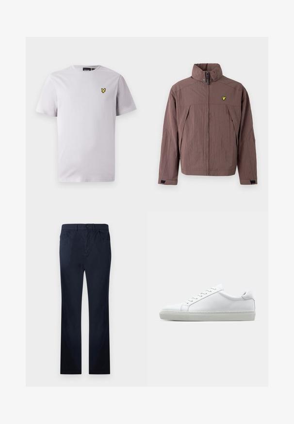 Chaqueta marrón con cremallera confeccionada en tela texturizada, con cuello alto y un pequeño logo amarillo en el lado izquierdo del pecho. Incluye bolsillos laterales.; Camiseta de algodón de color gris claro con cuello redondo y mangas cortas, con un pequeño logo bordado de un pájaro amarillo en el pecho izquierdo.; Pantalones de algodón azul marino con un corte recto, con bolsillos delanteros y traseros, cremallera y cierre de un solo botón.; Zapatilla blanca con parte superior de cuero liso y perfil bajo. Presenta una puntera redondeada, seis ojales y una suela de goma texturizada.