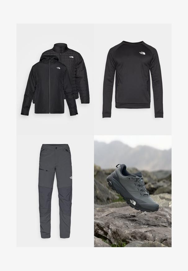 Du kartuotos juodos striukės: viena yra pūkinė, siuvinėta striukė su aukštu apykakle; kita yra lengva striukė su gobtuvu ir užtrauktuku.; Juoda ilgomis rankovėmis sportinė palaidinė su apvaliu kaklu, pagaminta iš lygaus audinio. Šoninės tinklinės dalys užtikrina oro pralaidumą. Krepšyje yra baltas logotipas.; Pilki lauko kelnės su lygiu tekstūru, turinčios šoninį kišenę su užtrauktuku, sustiprintus kelių skyrius ir subtilią logotipo detalę.; Pilkas bėgimo batelis su tekstūruota viršutine dalimi, tvirtu guminio pado ir sustiprinta nosimi. Turi raištelius ir prekės ženklo logotipą šone.