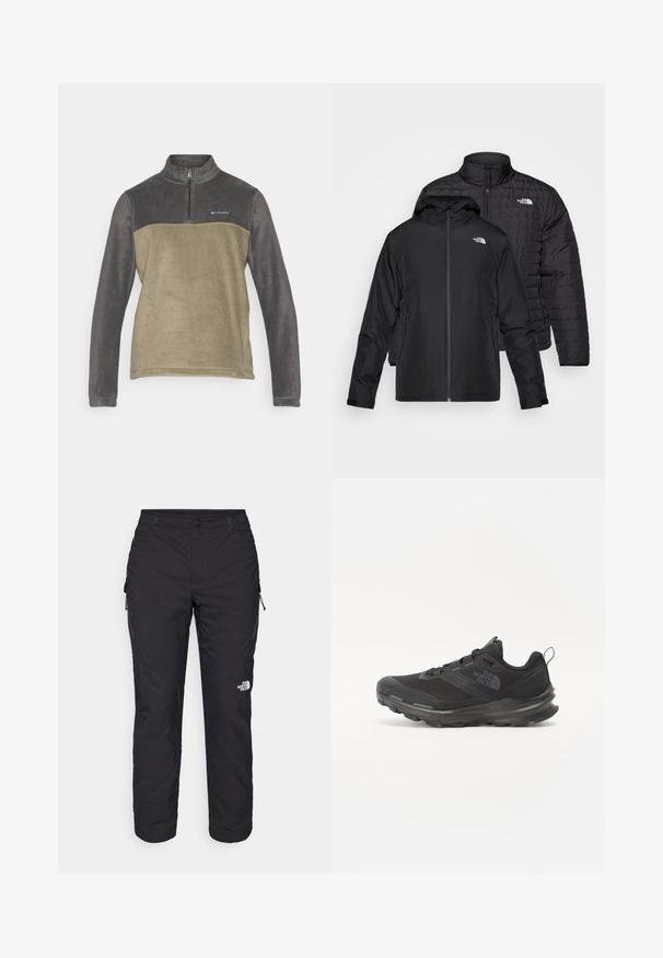 Kaksi mustaa takkia pinottuna: toinen on paksu, kirjailtu takki korkealla kauluksella; toinen on kevyt takki hupulla ja vetoketjulla.; Columbia STEENS MOUNTAIN™ HALF ZIP - Fleecepaita - shark/stone green; The North Face WINTER EXPLORATION TAPERED CARGO - Ulkohousut - black; Musta urheilujalkine, jossa on verkko päällinen, kumipohja ja pehmustettu varsi. Varusteena nauhat, logo sivussa ja teksturoitu kuvio.