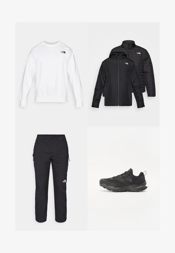 Two black jackets stacked: one is a puffy, quilted jacket with a high collar; the other is a lightweight jacket with a hood and zip closure.; White sweatshirt featuring a crew neck, long raglan sleeves, ribbed cuffs and hem, with a small black logo on the upper left chest.; The North Face WINTER EXPLORATION TAPERED CARGO - Outdoor trousers - black; Black athletic shoe with mesh upper, rubber outsole, and padded collar. Features laces, logo on the side, and a textured design.