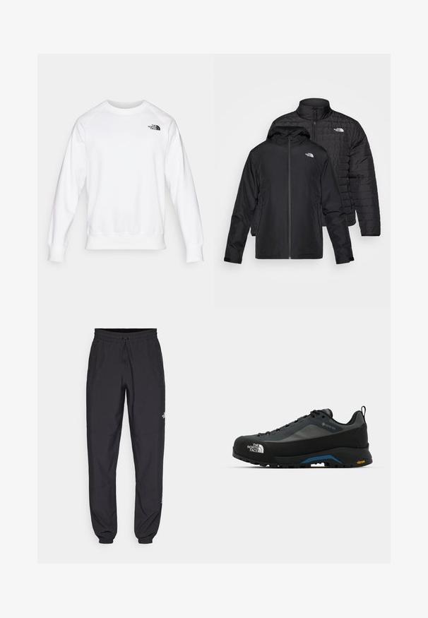 Δύο μαύρα μπουφάν τοποθετημένα το ένα πάνω από το άλλο: το ένα είναι ένα φουσκωτό, καπιτονέ μπουφάν με ψηλό γιακά, ενώ το άλλο είναι ένα ελαφρύ μπουφάν με κουκούλα και φερμουάρ.; Λευκή μπλούζα με στρογγυλή λαιμόκοψη, μακριά μανίκια raglan, ριμπ ρέλι στα μανίκια και το τελείωμα, με ένα μικρό μαύρο λογότυπο στην επάνω αριστερή πλευρά του στήθους.; Μαύρη αθλητική παντελόνι κατασκευασμένο από ελαφρύ ύφασμα, με ζώνη που ρυθμίζεται με κορδόνι, πλευρικές τσέπες και στενές μανσέτες στους αστραγάλους.; The North Face VERTO ALPINE GORE TEX - Παπούτσια πεζοπορίας - asphalt grey/tnf black