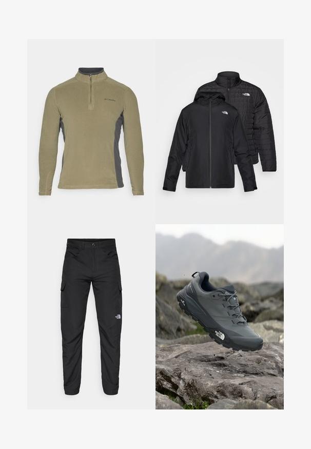 Dvoje čiernych búnd naskladaných: jedna je puffy, prešívaná bunda s vysokým golierom; druhá je ľahká bunda s kapucňou a zipsovým uzáverom.; Fleeceový pulóver v olivovo zelenej farbe s tmavosivými bočnými panelmi, s nerezovým golierom a predným zipsom. Obsahuje malé logo na hrudi.; The North Face HORIZON PANT - Outdoorové nohavice - black; Šedá trailová bežecká obuv s textúrovaným zvrškom, odolnou gumovou podrážkou a vystuženou špičkou. Obsahuje šnúrky a logo značky na boku.