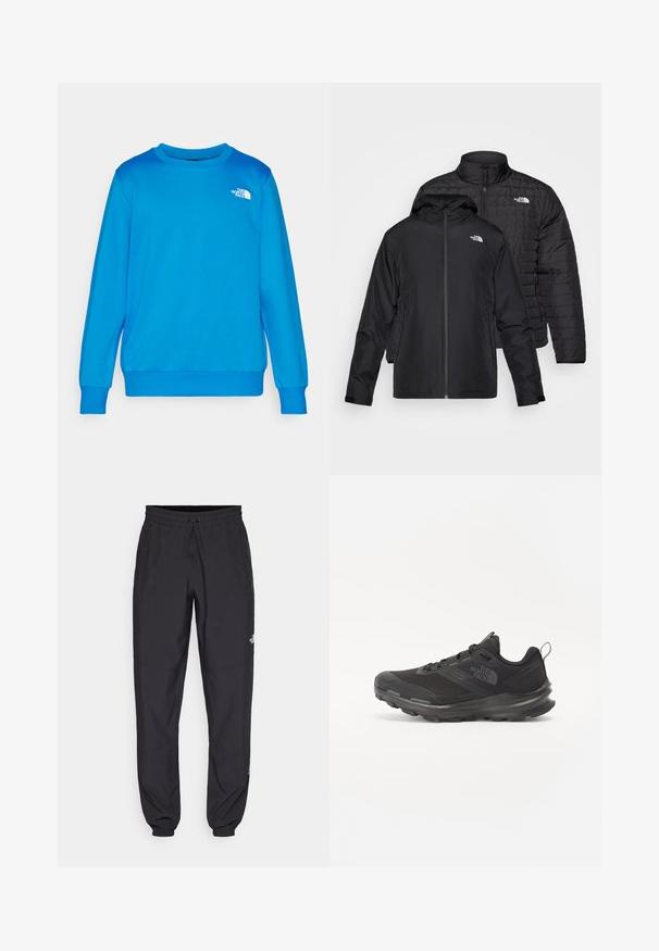 Twee zwarte jassen gestapeld: de ene is een puffy, gewatteerde jas met een hoge kraag; de andere is een lichtgewicht jas met een capuchon en ritssluiting.; Lichtblauwe sweatshirt met een ronde halslijn en lange mouwen. Voorzien van een klein wit logo op de linkerborst. Zachte stof met een gladde textuur.; Zwarte sportieve broek gemaakt van lichtgewicht stof, met een trekkoord in de taille, zijzakken en taps toelopende boorden bij de enkels.; Zwarte sportieve sneaker met een bovenkant van mesh, rubberen zool en een zachte kraag. Voorzien van veters, een logo op de zijkant en een gestructureerd ontwerp.