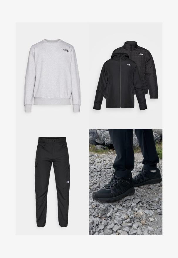 Twee zwarte jassen gestapeld: de ene is een puffy, gewatteerde jas met een hoge kraag; de andere is een lichtgewicht jas met een capuchon en ritssluiting.; Grijze sweatshirt gemaakt van zachte stof, met lange mouwen, ronde hals, geribbelde manchetten en een klein zwart logo op de borst.; The North Face HORIZON PANT - Outdoorbroeken - black; Zwarte buitenschoenen van mesh en synthetisch materiaal, met een gestructureerd bovenwerk, een beveiligd vetersysteem en een robuuste zool, op een ruig terrein.