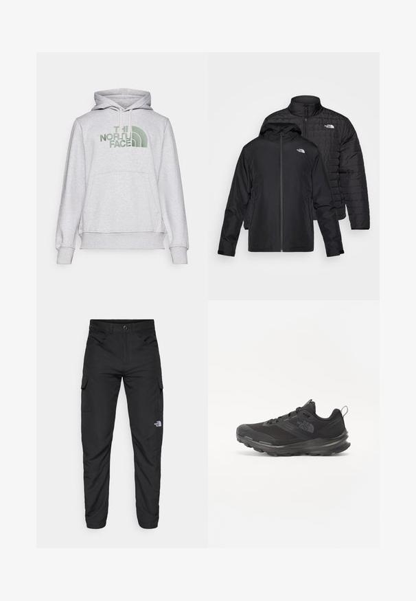 Due giacche nere impilate: una è una giacca imbottita e trapuntata con un colletto alto; l'altra è una giacca leggera con cappuccio e chiusura con zip.; Felpa grigia realizzata in materiale felpa, dotata di una tasca a marsupio frontale, cappuccio con cordino e logo ricamato verde sul petto.; The North Face HORIZON PANT - Pantaloni outdoor - black; Scarpa sportiva nera con tomaia in rete, suola in gomma e collarino imbottito. Presenta lacci, un logo sul lato e un design testurizzato.