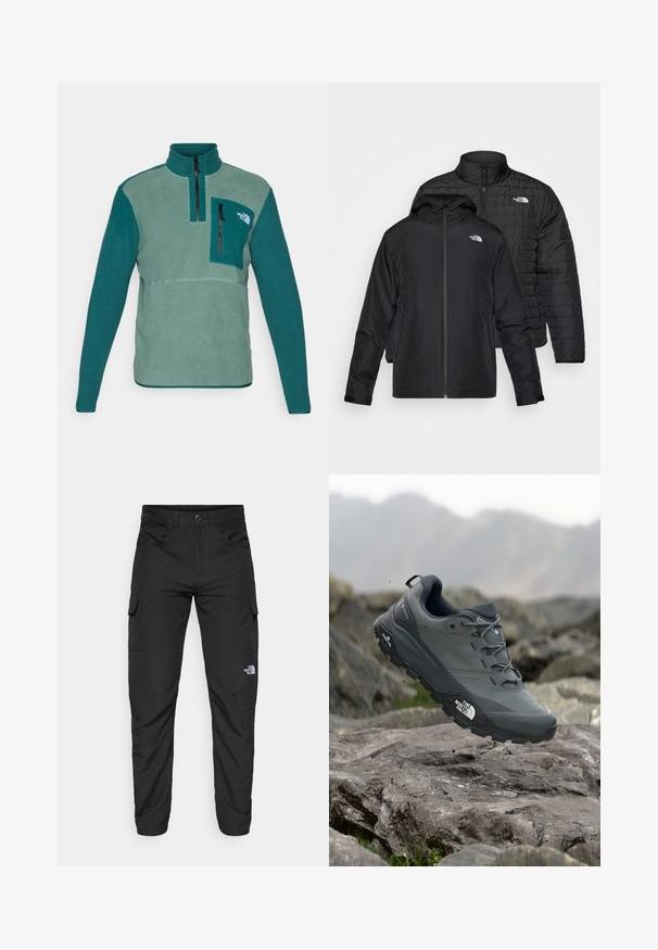 Dvoje čiernych búnd naskladaných: jedna je puffy, prešívaná bunda s vysokým golierom; druhá je ľahká bunda s kapucňou a zipsovým uzáverom.; Mikina z fleecu v odtieňoch teal a zelenej, s vysokým golierom, polovičným zipsom a prednou náprsníkovou kapsou s čiernym zipsom. Obsahuje textúrovanú tkaninu.; The North Face HORIZON PANT - Outdoorové nohavice - black; Šedá trailová bežecká obuv s textúrovaným zvrškom, odolnou gumovou podrážkou a vystuženou špičkou. Obsahuje šnúrky a logo značky na boku.