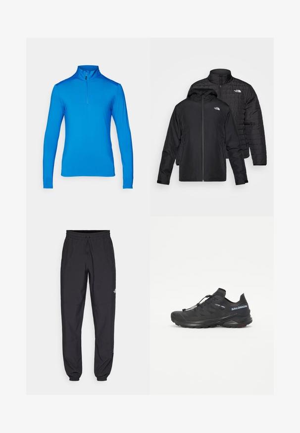 Dvoje čiernych búnd naskladaných: jedna je puffy, prešívaná bunda s vysokým golierom; druhá je ľahká bunda s kapucňou a zipsovým uzáverom.; Modrá atletická košeľa s dlhým rukávom a polovičným zipsom, vyrobená z hladkej, ľahkej tkaniny; má vysoký golier a ploché švy.; Čierne športové nohavice vyrobené z ľahkej tkaniny, s elastickým pásom na šnurovanie, bočnými vreckami a zúženými manžetami na členkoch.; Čierna trailová bežecká obuv s textúrovaným vrškom, elastickými šnúrkami a podrážkou Contagrip. Obsahuje tesný strih a ochrannú špicu.