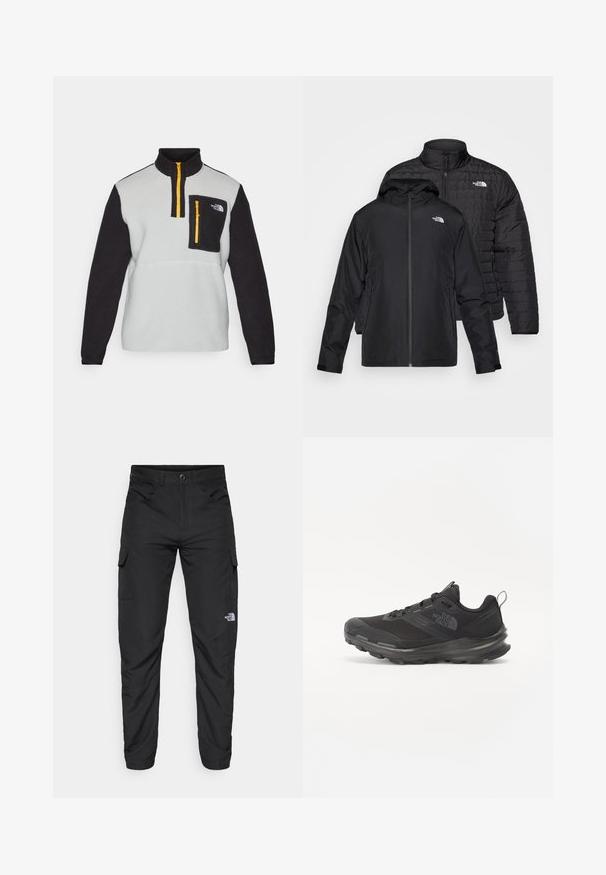 Du kartuotos juodos striukės: viena yra pūkinė, siuvinėta striukė su aukštu apykakle; kita yra lengva striukė su gobtuvu ir užtrauktuku.; Pilkas ir juodas fliso puloveris su aukštu apykakle, pusiau užtrauktuku priekyje, užtrauktuku krūtinės kišenėje ir kontrastuojančiu geltonu užtrauktuku.; The North Face HORIZON PANT - Lauko kelnės - black; Juodos sportinės bateliai su tinklelio viršumi, guminiais padu ir paminkštintu apykakle. Yra raišteliai, logotipas šone ir tekstūruotas dizainas.